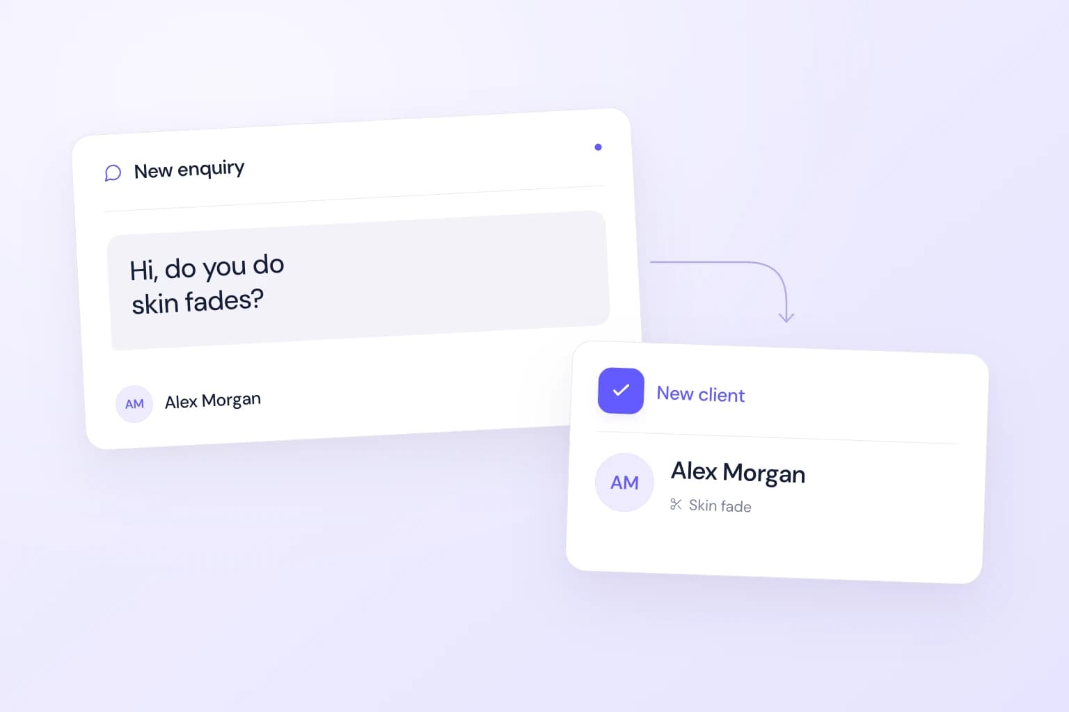 An enquiry about skin fades becomes a new client record for Alex Morgan