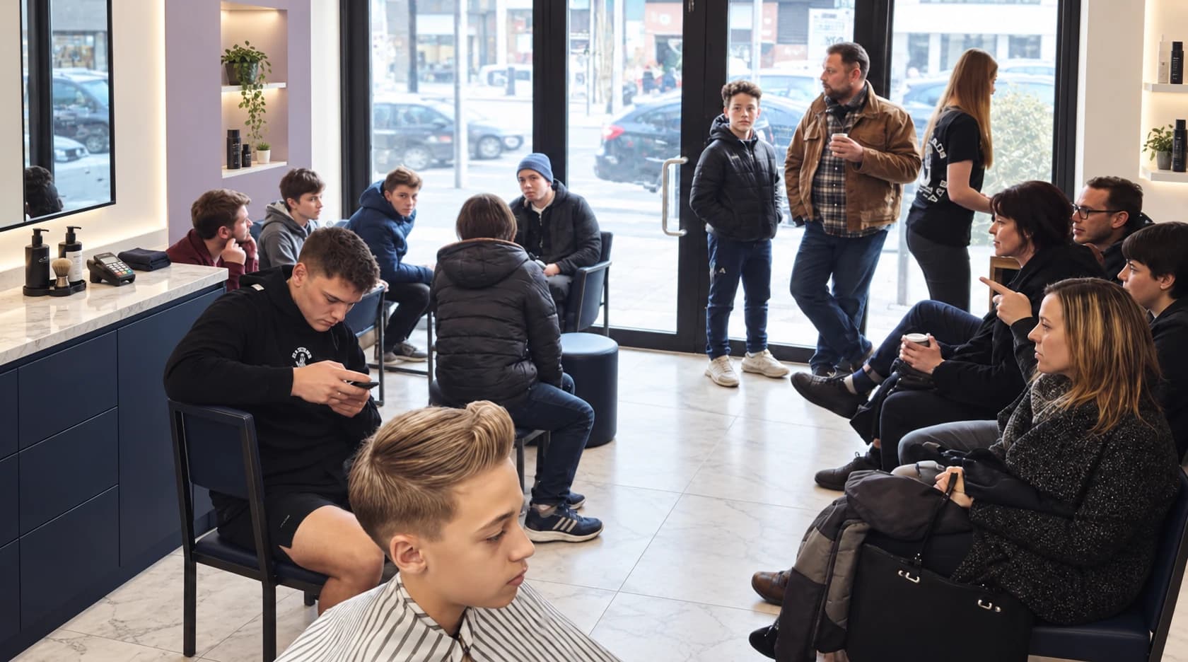 Clients waiting together in a barbershop