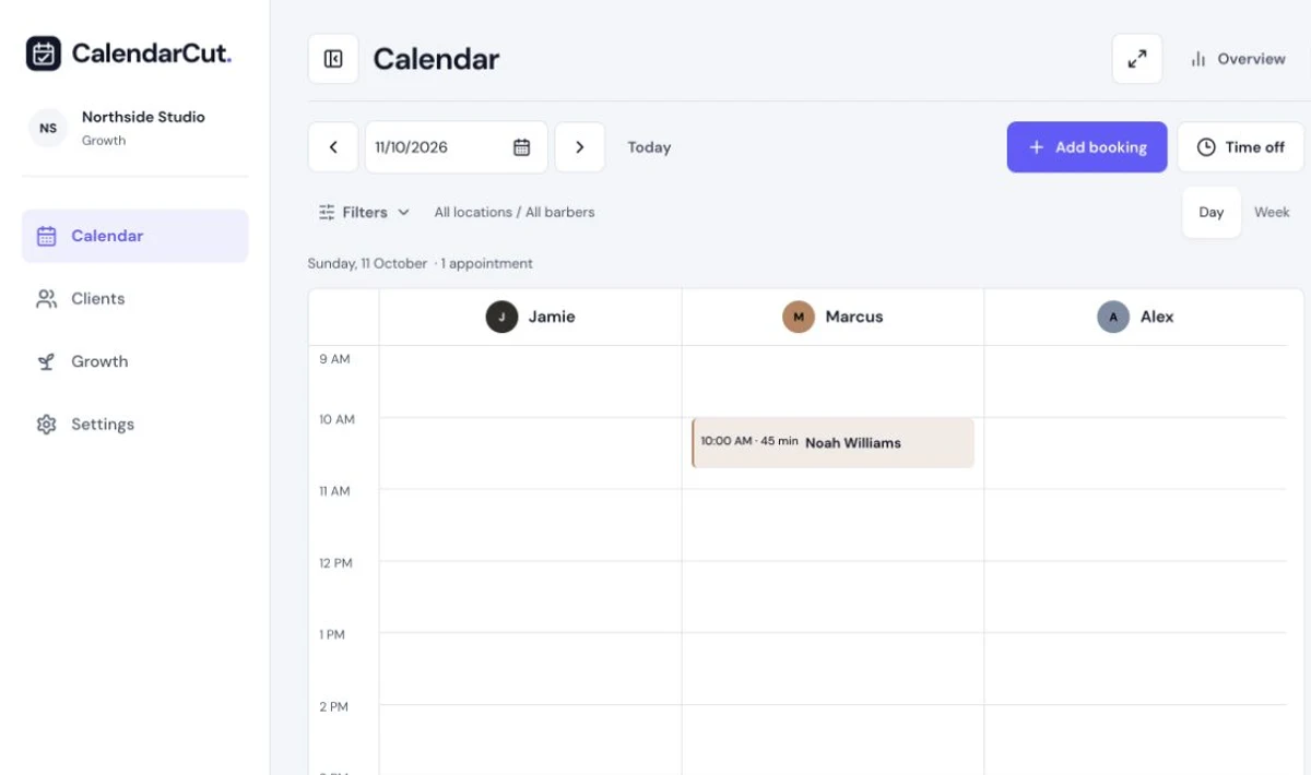 CalendarCut team diary with a sample appointment