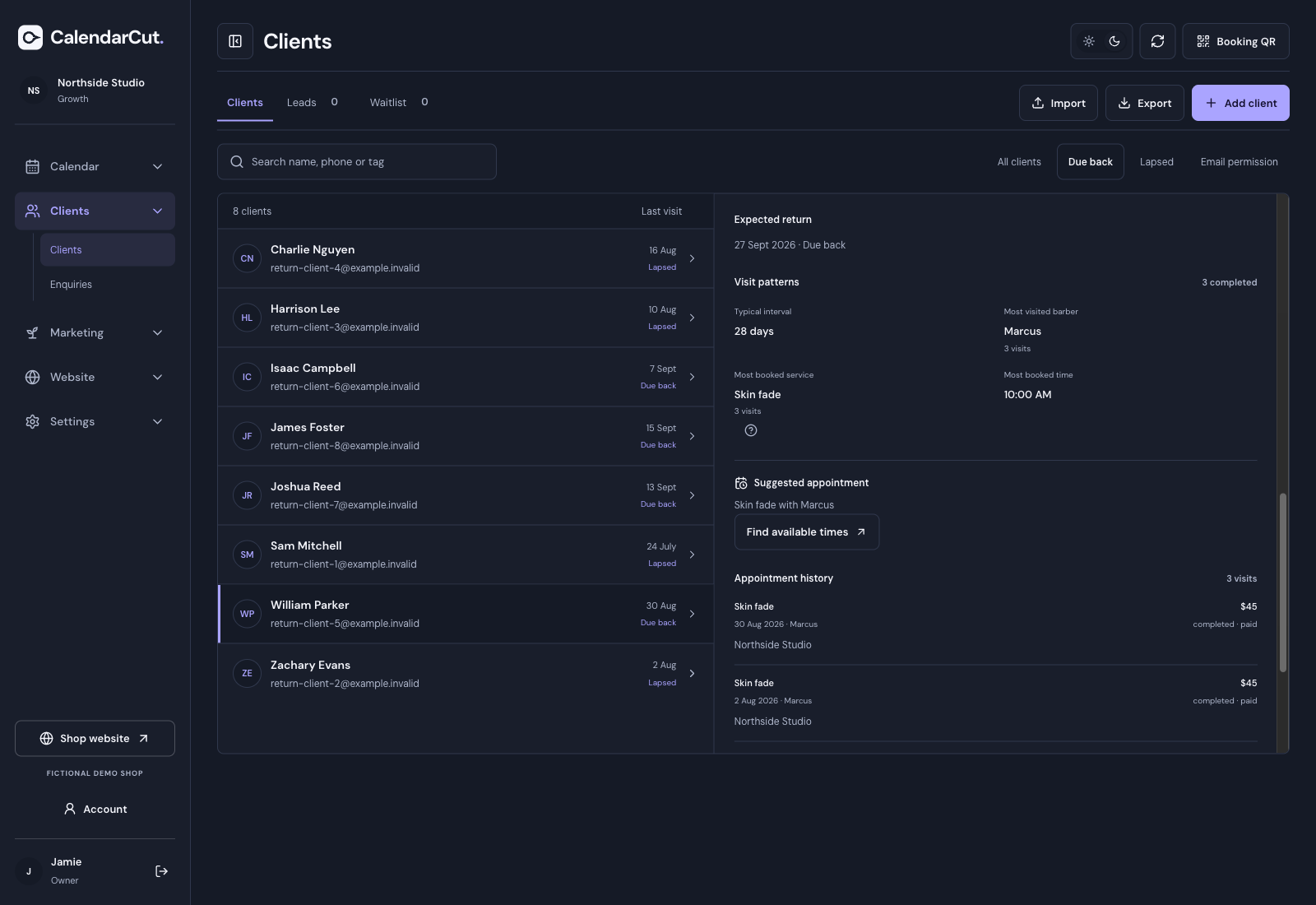 CalendarCut Clients workspace in dark mode showing due-back clients and visit history