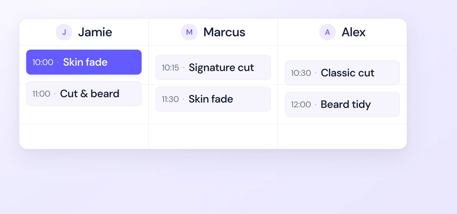 Team schedule showing appointments for Jamie, Marcus and Alex