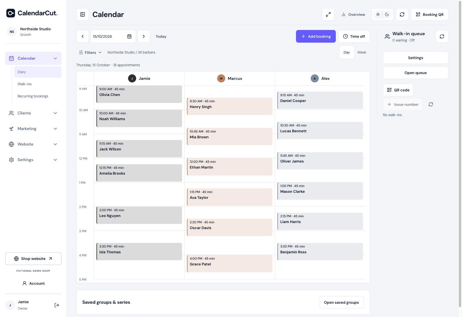 CalendarCut team diary with sample data