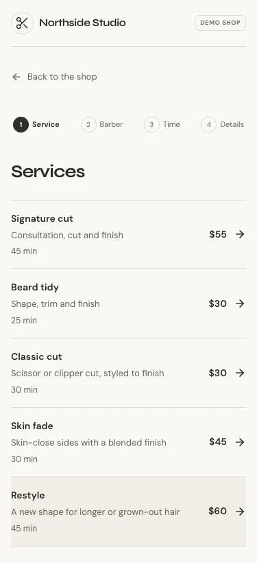 CalendarCut client booking page with sample data