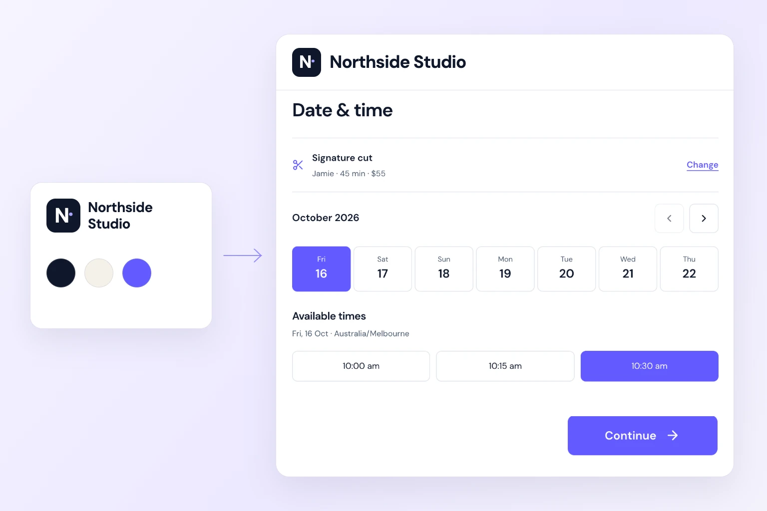Northside Studio’s logo and colours carried through to its branded booking page